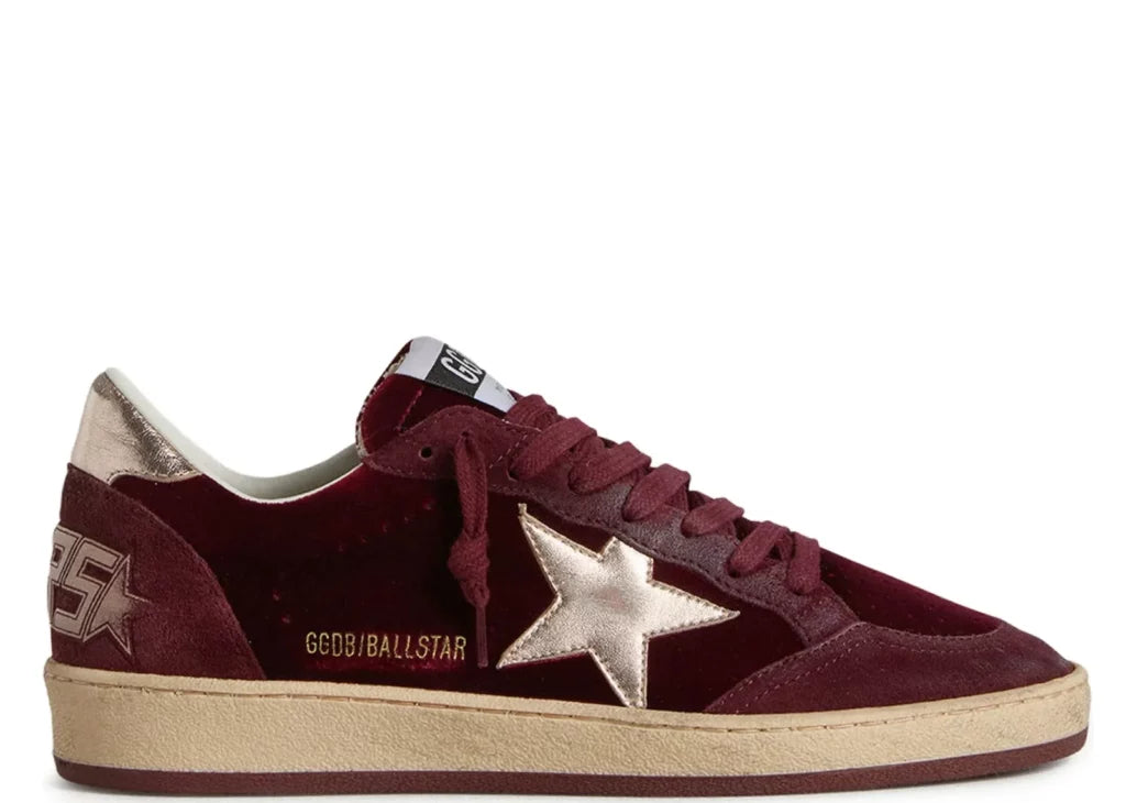 Golden Goose Ball-Star Burgundy Velvet Gold Star Gold Heel (W) 3