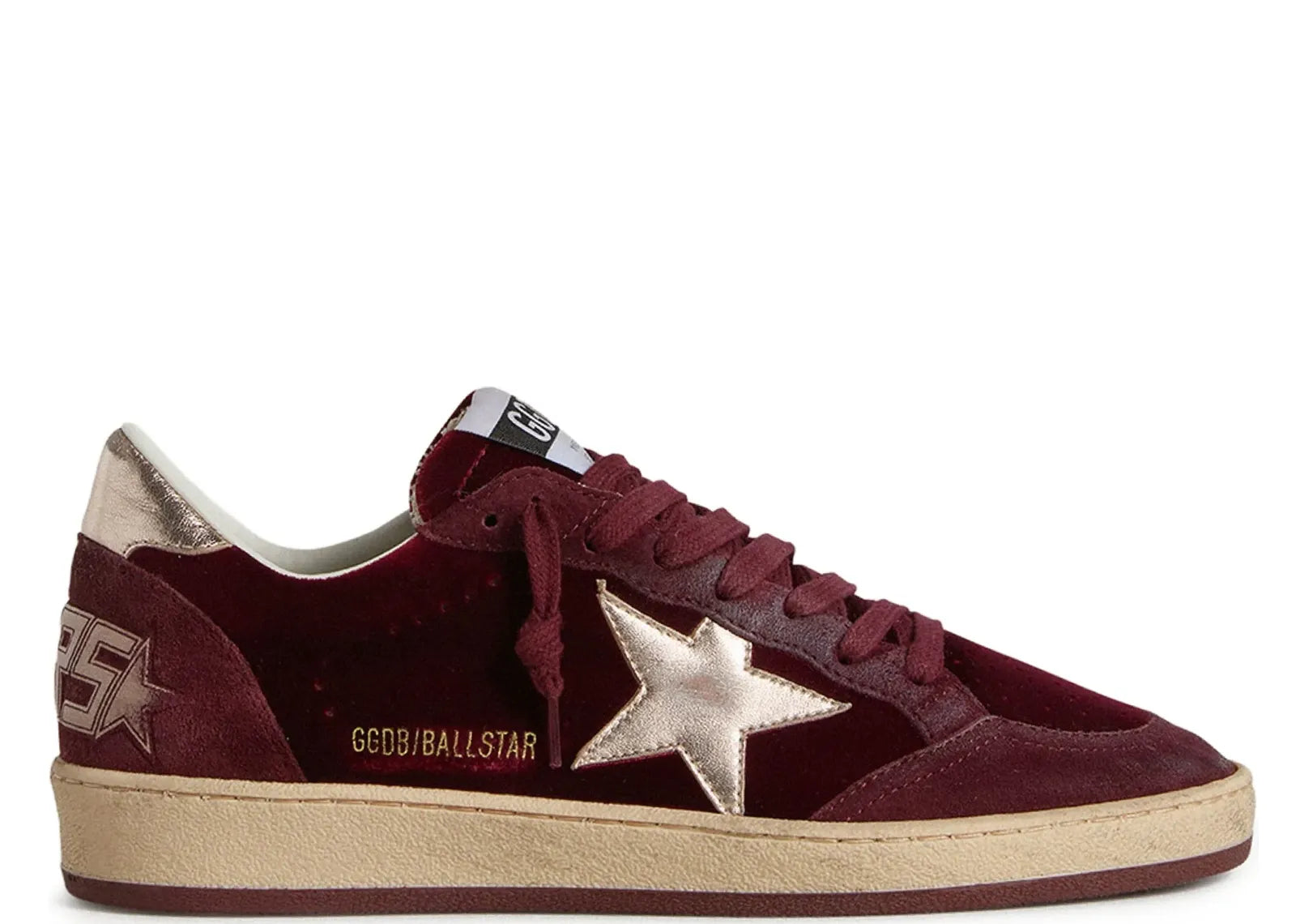 Golden Goose Ball-Star Burgundy Velvet Gold Star Gold Heel (W)