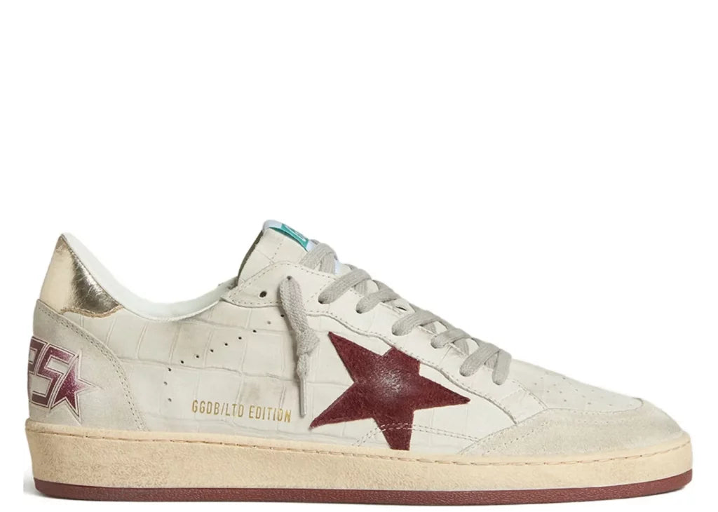 Golden Goose Ball-Star White Croco Nubuck Burgundy Star Gold Heel 4
