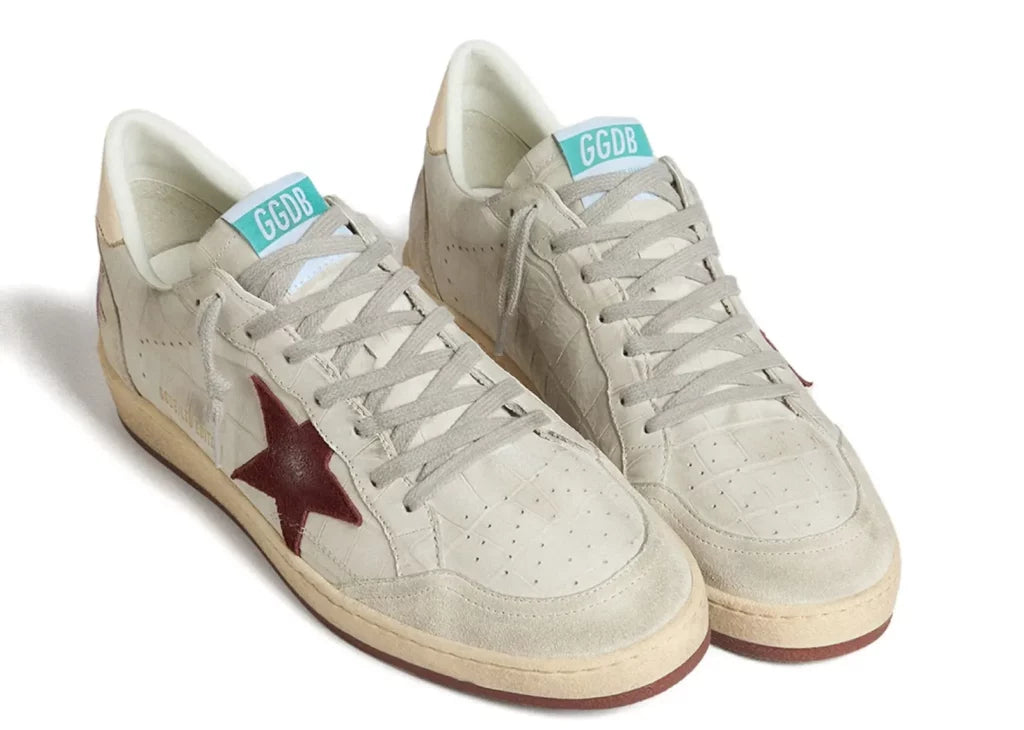 Golden Goose Ball-Star White Croco Nubuck Burgundy Star Gold Heel 5