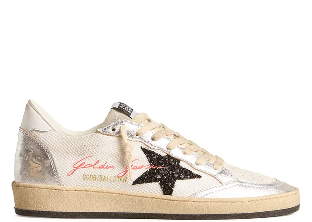 Golden Goose Ball-Star White Mesh Silver Insert Black Glitter Star Glossy Heel (W) 5