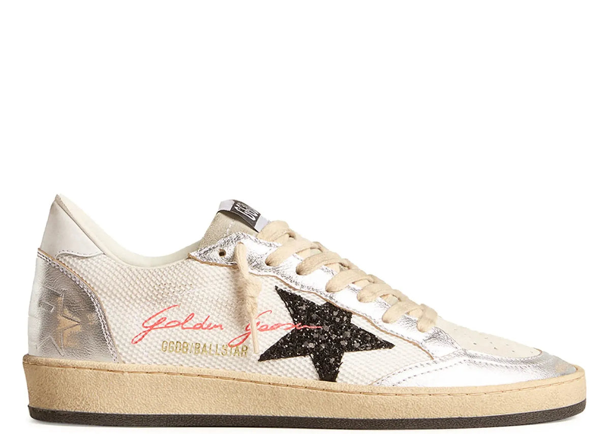 Golden Goose Ball-Star White Mesh Silver Insert Black Glitter Star Glossy Heel (W)
