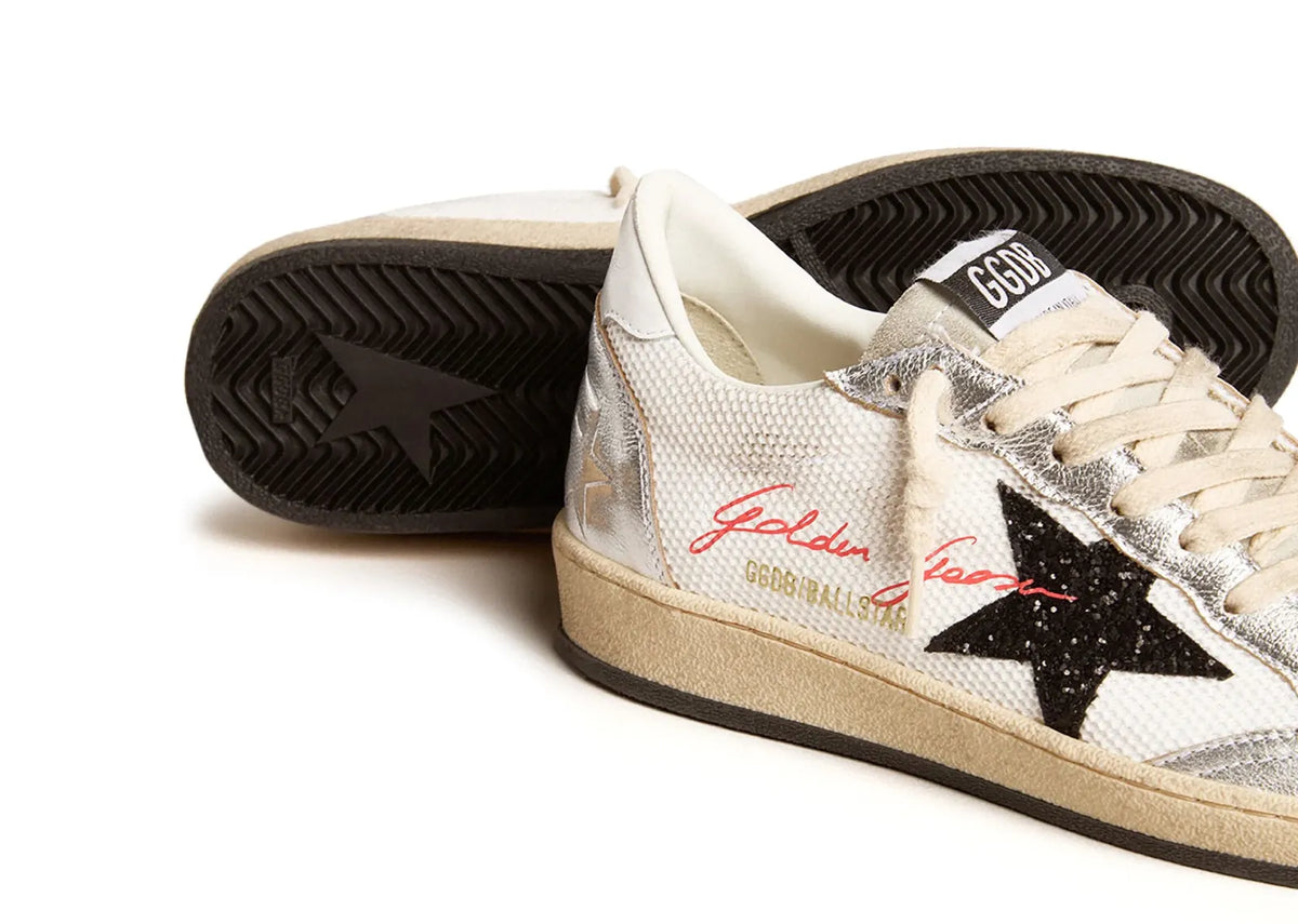 Golden Goose Ball-Star White Mesh Silver Insert Black Glitter Star Glossy Heel (W) 2