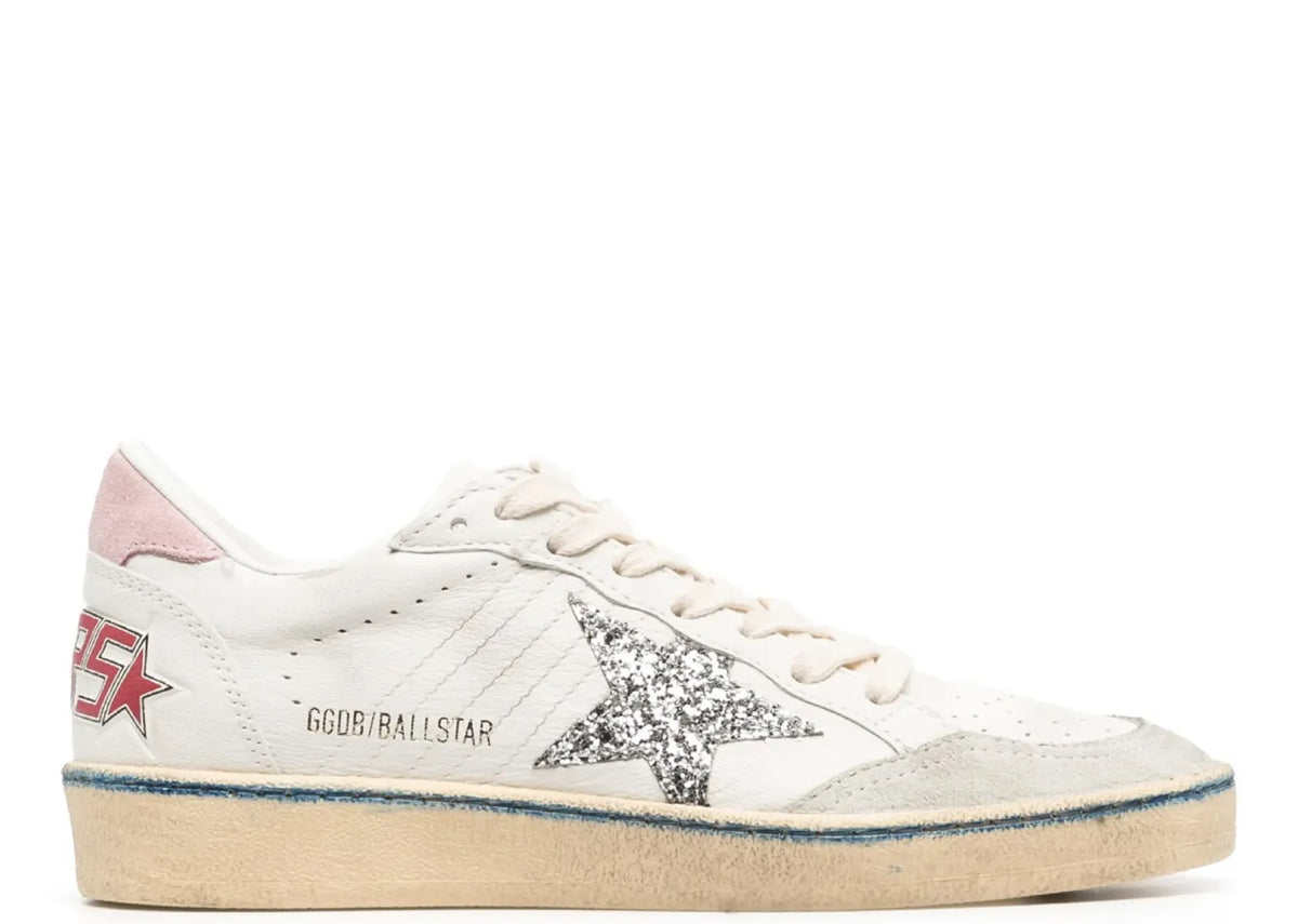 Golden Goose Ball-Star White Nappa Silver Glitter Star Pink Heel Blue Stripe (W)