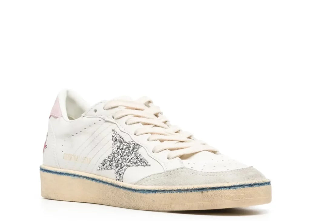 Golden Goose Ball-Star White Nappa Silver Glitter Star Pink Heel Blue Stripe (W) 5