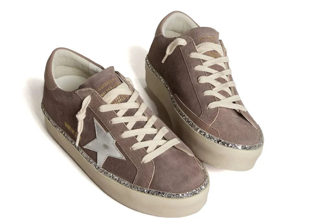 Golden Goose Hi-Star Brown Suede Silver Star Silver Glitter Foxing (W) 6