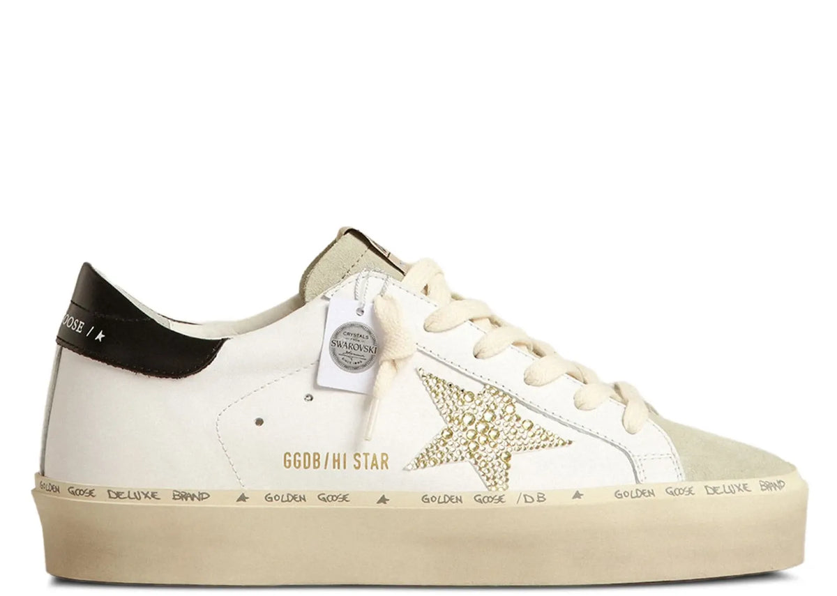 Golden Goose Hi-Star White Leather Gold Swarovski Star Black Heel (W)