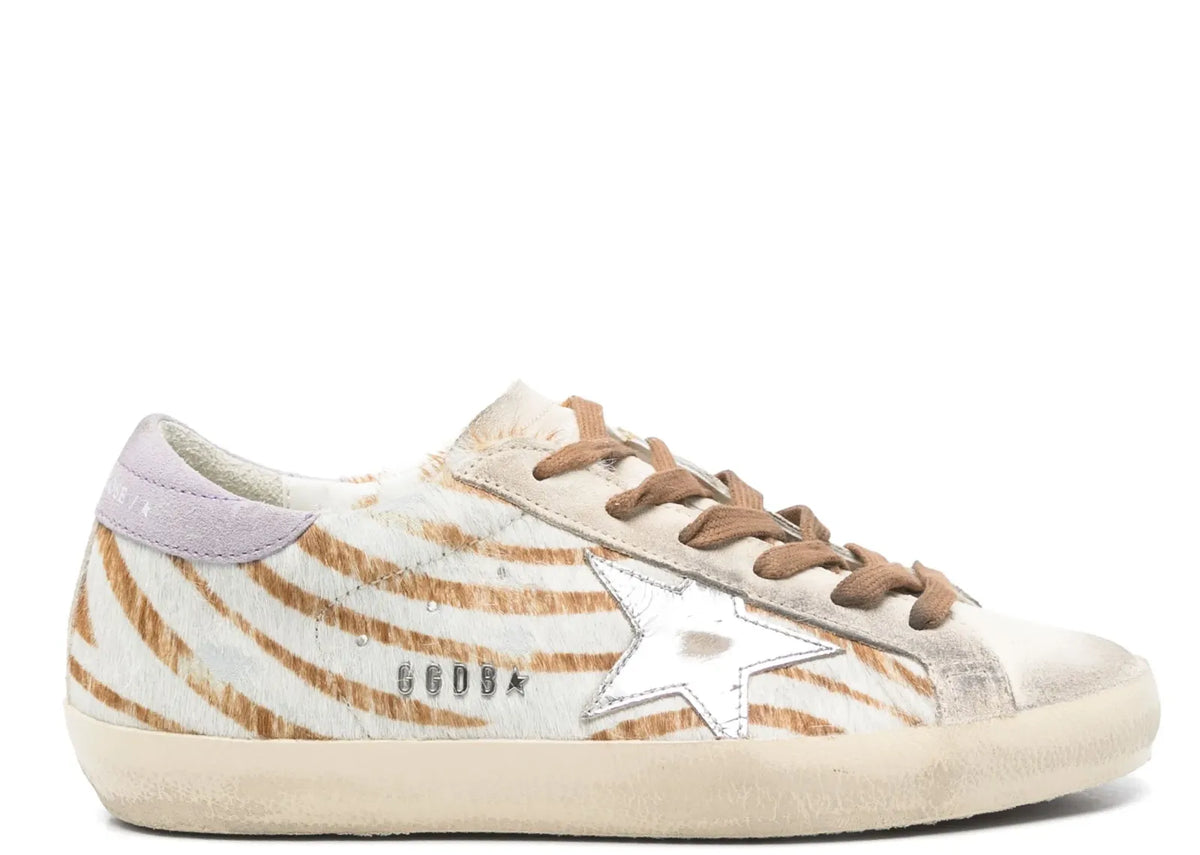 Golden Goose Super-Star Beige Pony Skin White Star Lilac Heel (W)