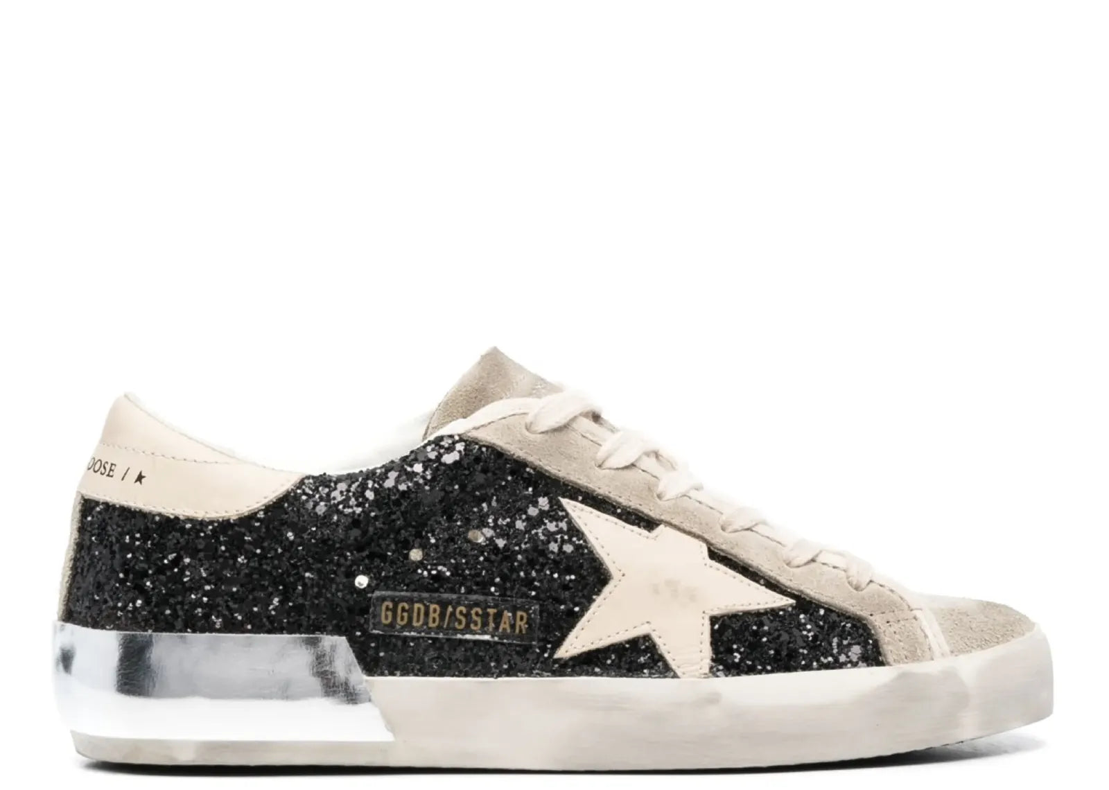 Golden Goose Super-Star Black Glitter Cream Star Heel Silver Foxing (W)
