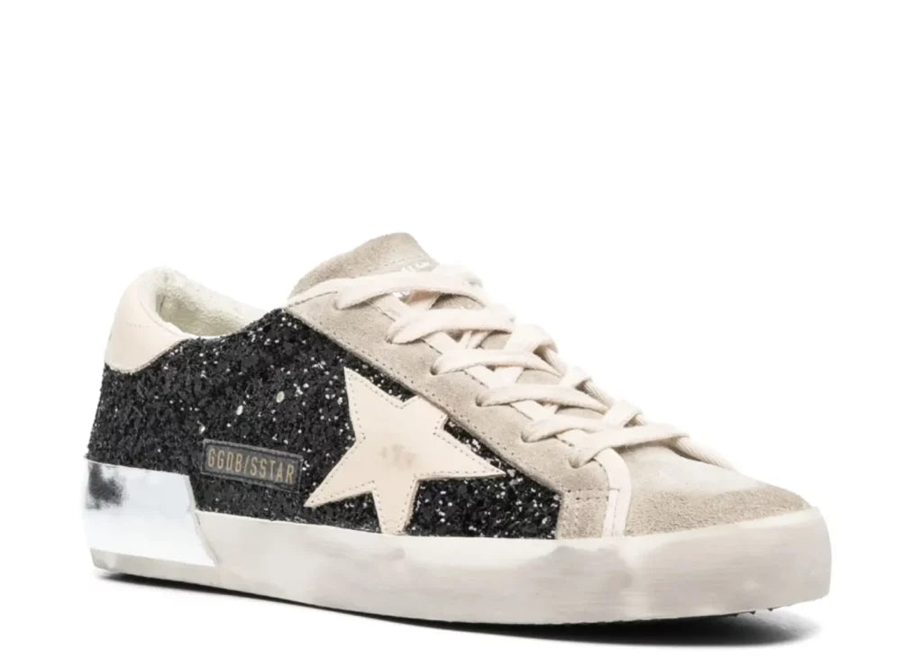 Golden Goose Super-Star Black Glitter Cream Star Heel Silver Foxing (W) 6