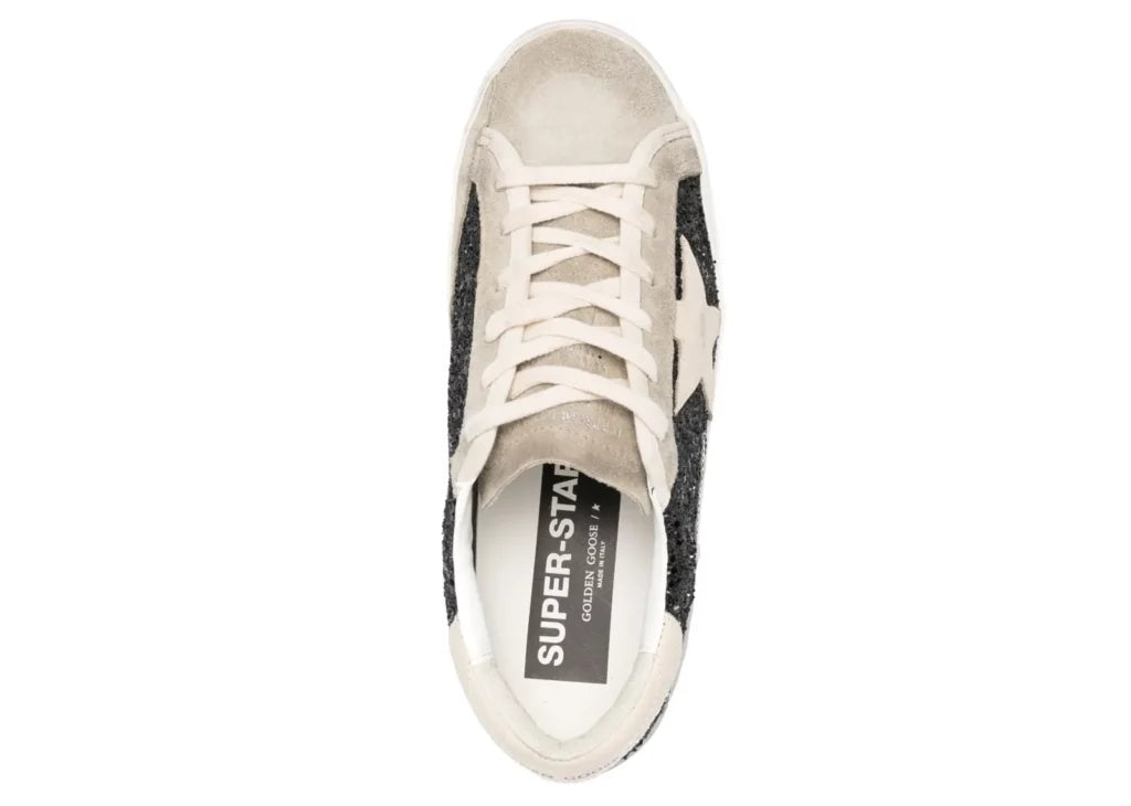 Golden Goose Super-Star Black Glitter Cream Star Heel Silver Foxing (W) 8
