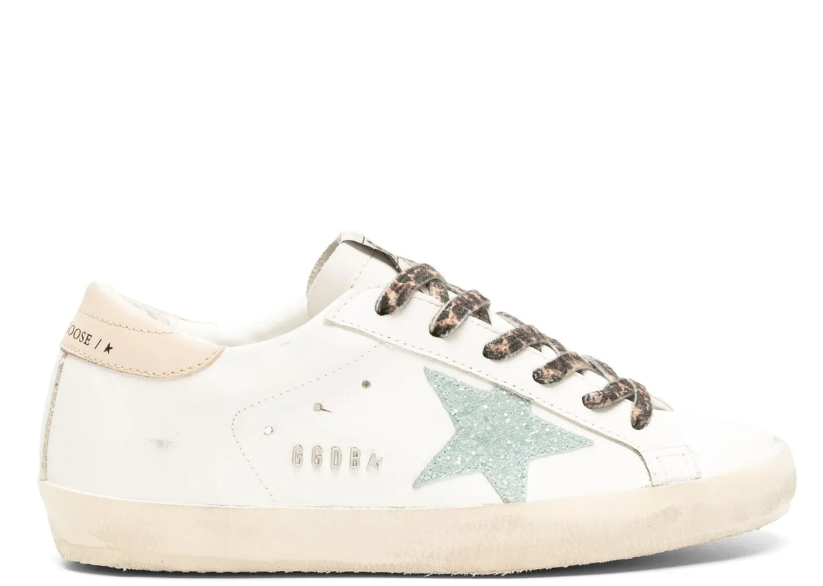 Golden Goose Super-Star White Leather Gray Glitter Star Nude Heel Leopard Laces (W)