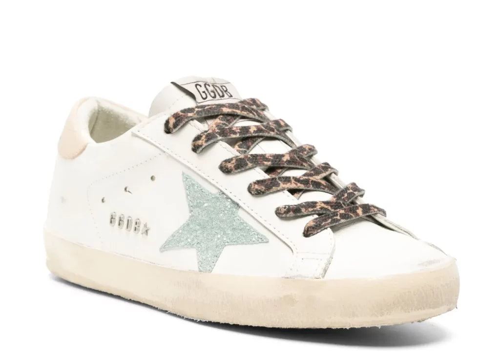 Golden Goose Super-Star White Leather Gray Glitter Star Nude Heel Leopard Laces (W) 5