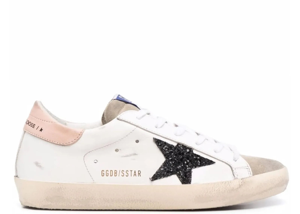 Golden Goose Super-Star White Leather Black Glitter Star Rose Heel (W)