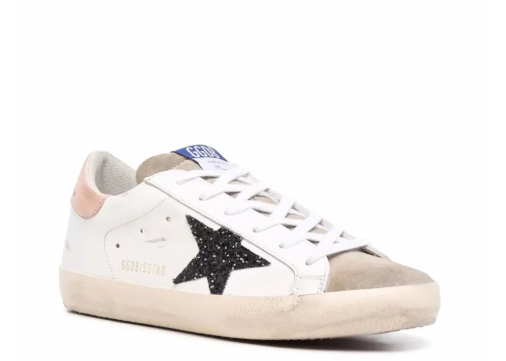 Golden Goose Super-Star White Leather Black Glitter Star Rose Heel (W) 6