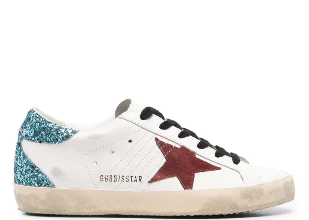 Golden Goose Super-Star White Leather Burgundy Star Blue Glitter Heel (W) 5