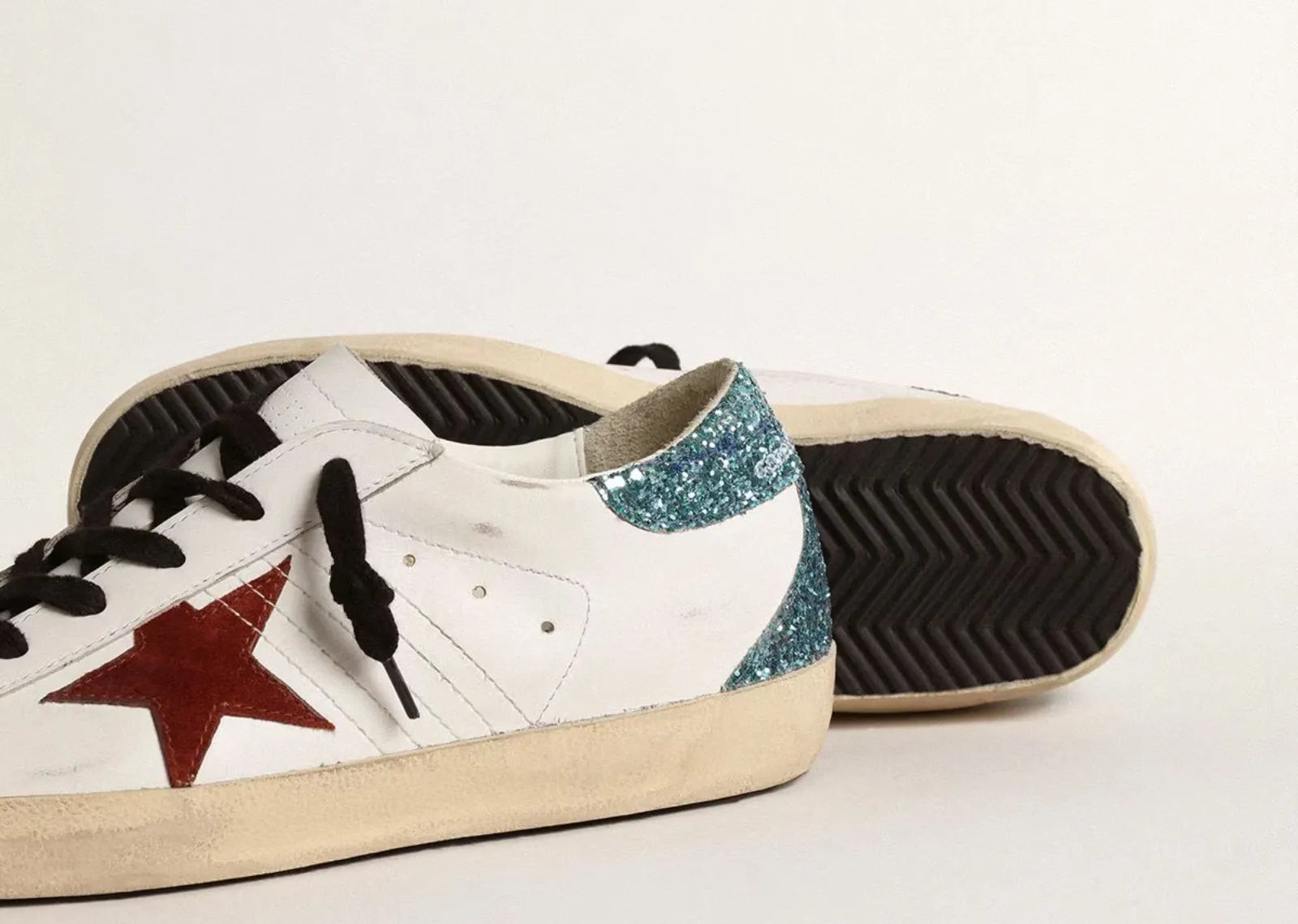 Golden Goose Super-Star White Leather Burgundy Star Blue Glitter Heel (W) 4