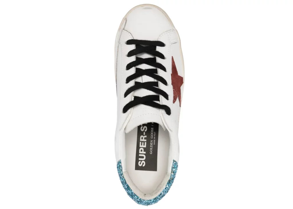 Golden Goose Super-Star White Leather Burgundy Star Blue Glitter Heel (W) 7