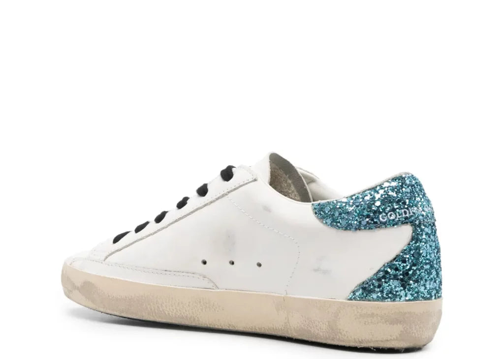 Golden Goose Super-Star White Leather Burgundy Star Blue Glitter Heel (W) 6