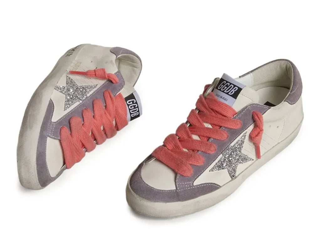 Golden Goose Super-Star White Leather Silver Star Lilac Heel (W) 6