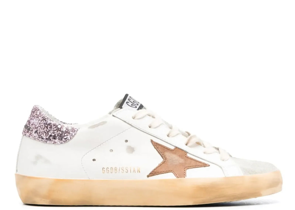 Golden Goose Super-Star White Leather Tan Star Pink Glitter Heel (W)