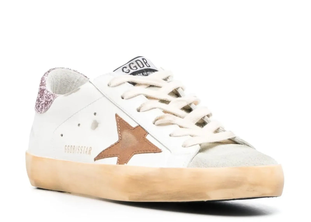 Golden Goose Super-Star White Leather Tan Star Pink Glitter Heel (W) 2