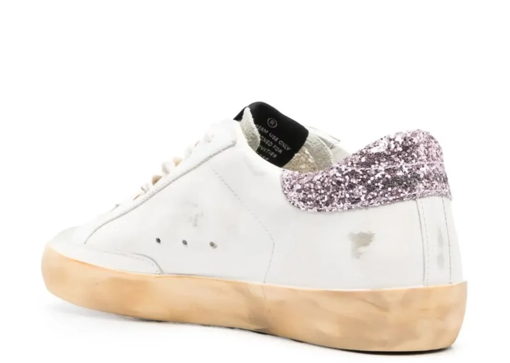 Golden Goose Super-Star White Leather Tan Star Pink Glitter Heel (W) 6