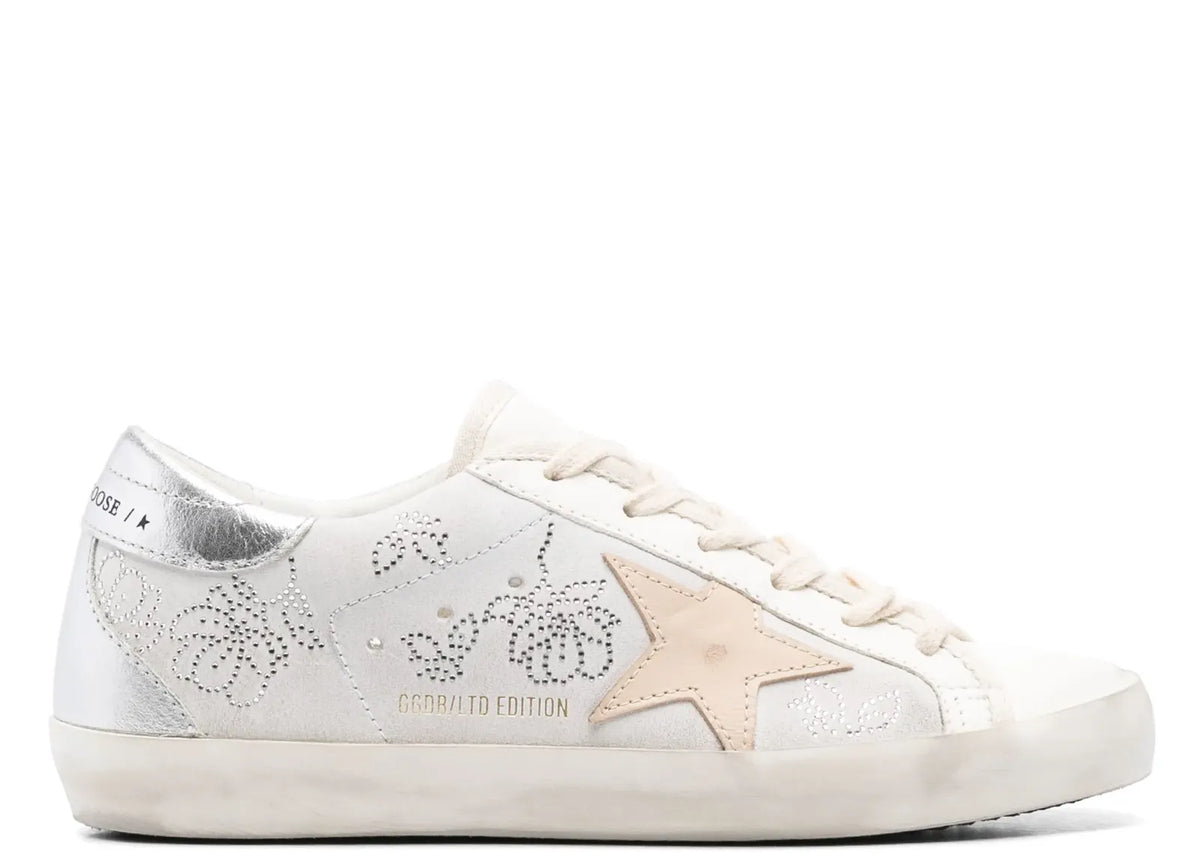 Golden Goose Super-Star White Swarovski Gray Star Silver Heel (W)