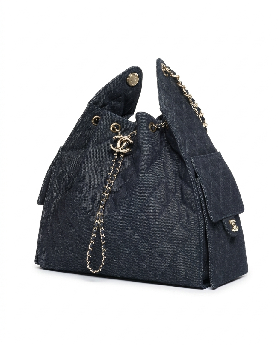Bolso de mano Chanel 25 Mediano Vaquero y Metal Dorado Azul Oscuro