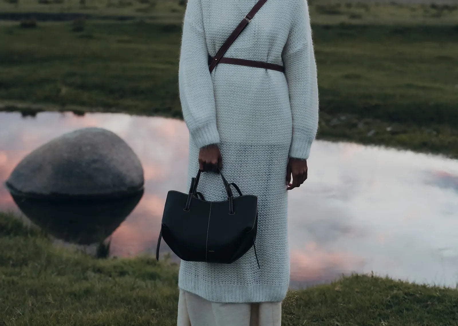 Polène Cyme Mini Edition Textured Black with Ecru Stitching 4