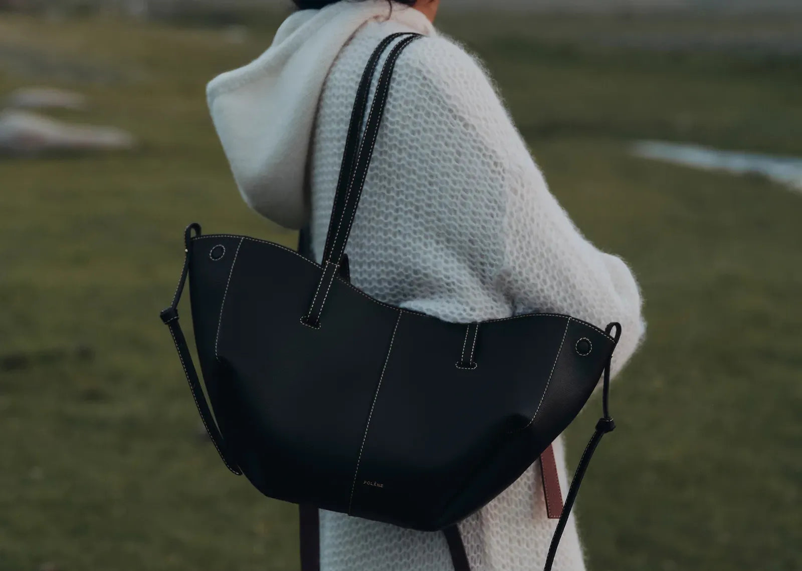 Polène Cyme Mini Edition Textured Black with Ecru Stitching 3