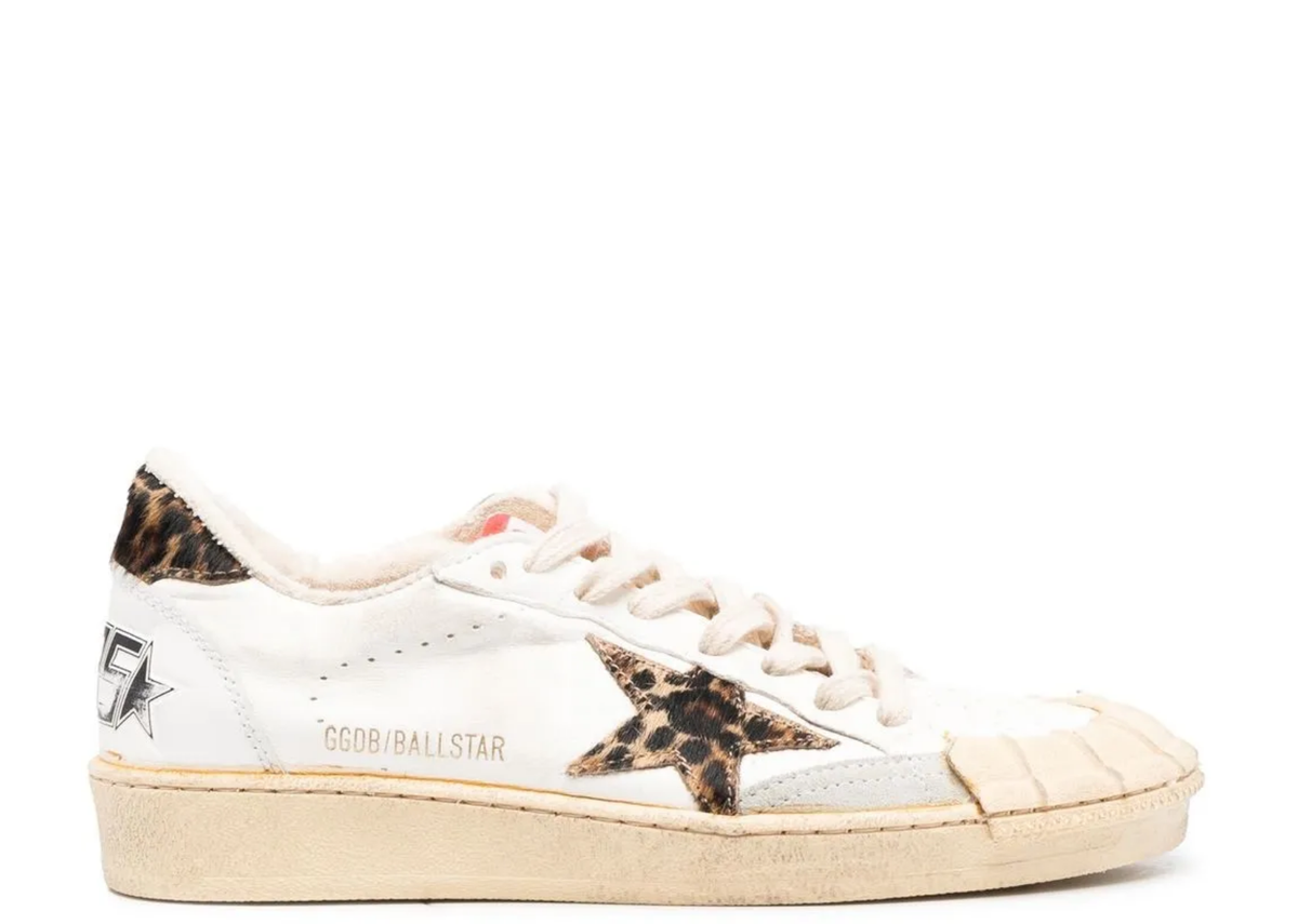 Golden Goose Ball Star White Nappa Leopard Pony Star Leopard Heel Tab (W)