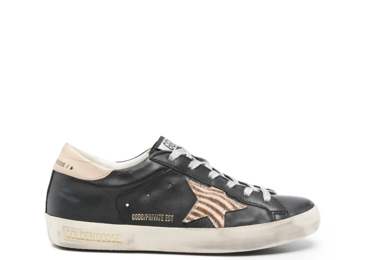 Golden Goose Super-Star Black Nappa Zebra Pony Star Beige Heel Tab (W)