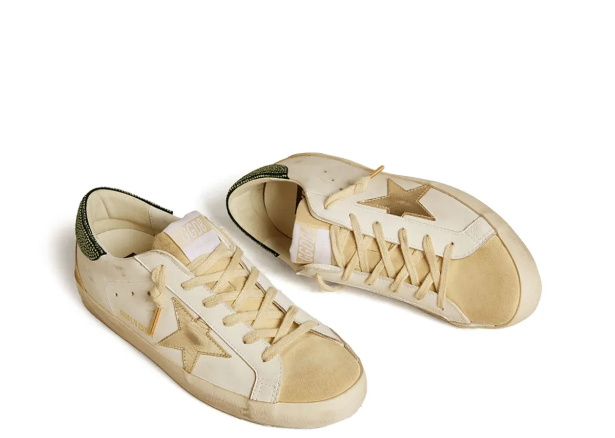 Golden Goose Super-Star LTD Gold Leather Star Green Swarovski Heel Tab (W) 2