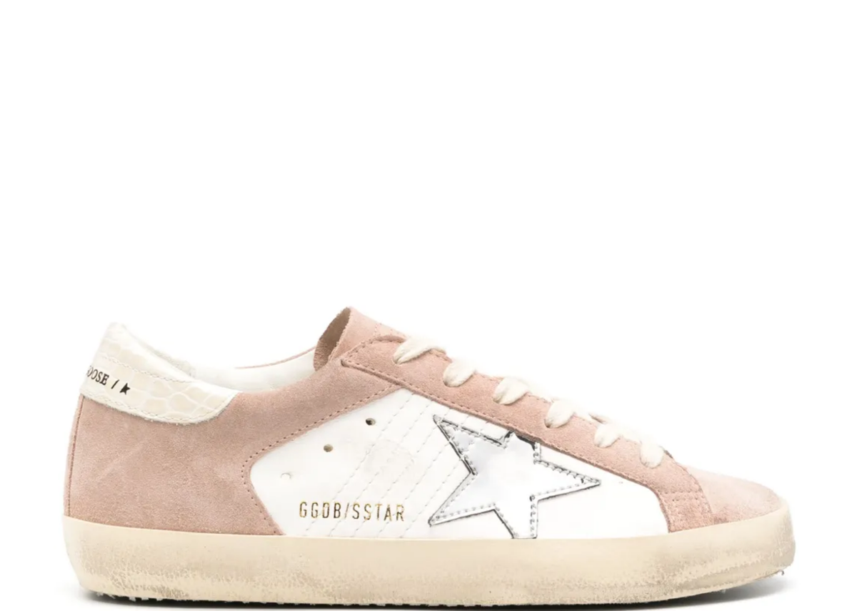 Golden Goose Super-Star Pink Cream Suede Silver Metallic Star Beige Croc Heel Tab (W)