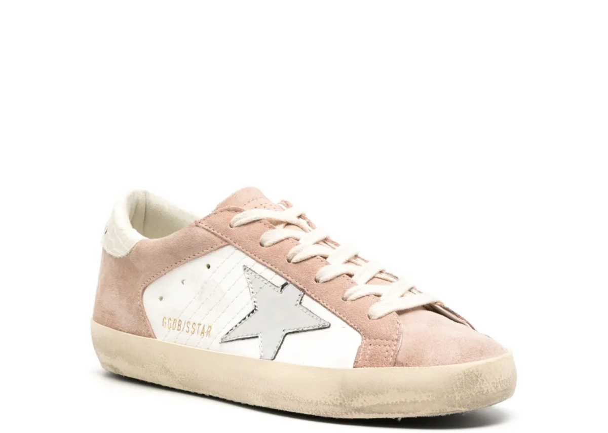 Golden Goose Super-Star Pink Cream Suede Silver Metallic Star Beige Croc Heel Tab (W) 2